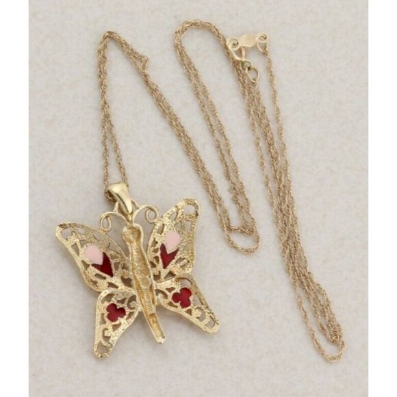 14k Yellow Gold Butterfly Necklace Pink and Red Enamel 18" Chain - Picture 8 of 8